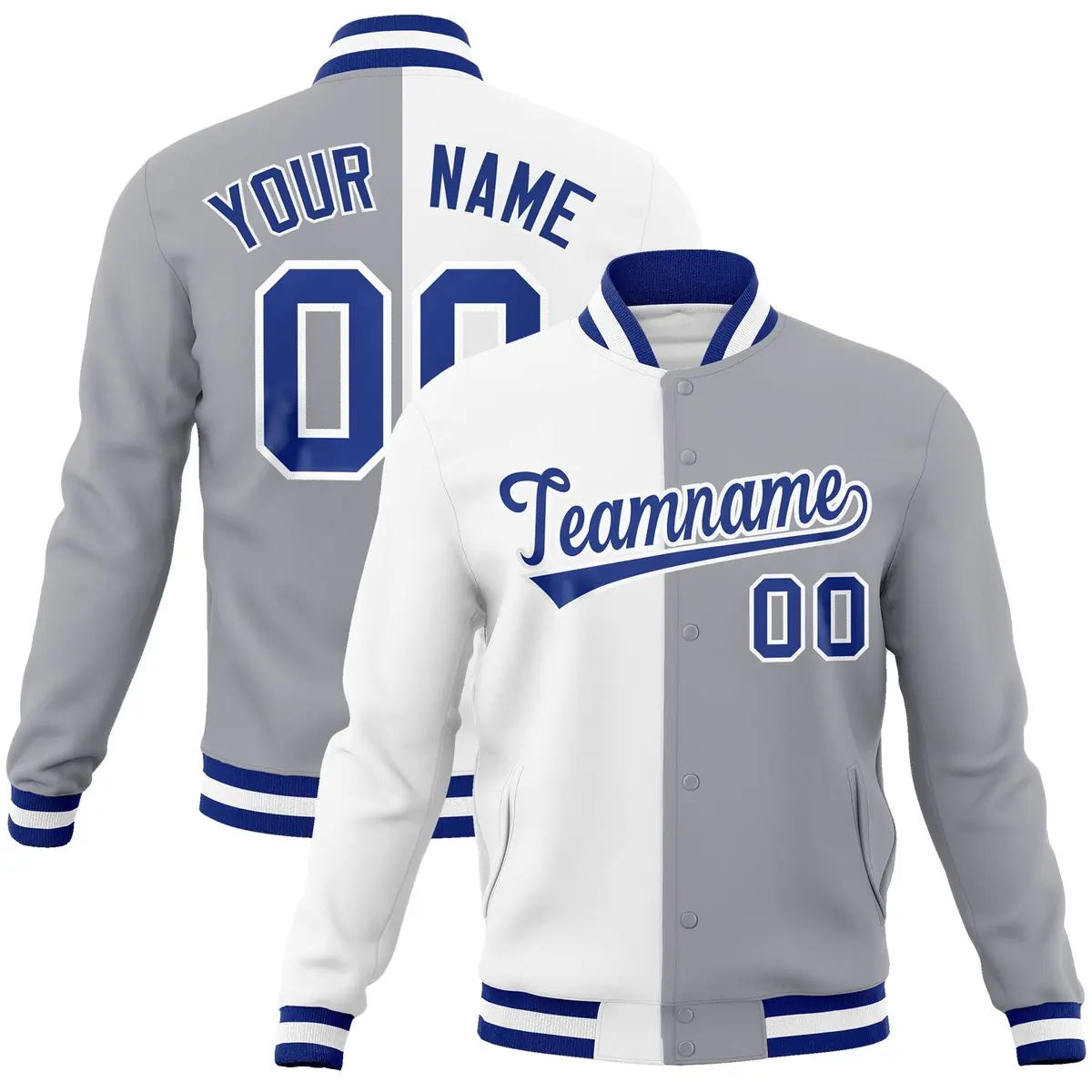 White Gray Royal Split Varsity Full-Snap Letterman Jacket
