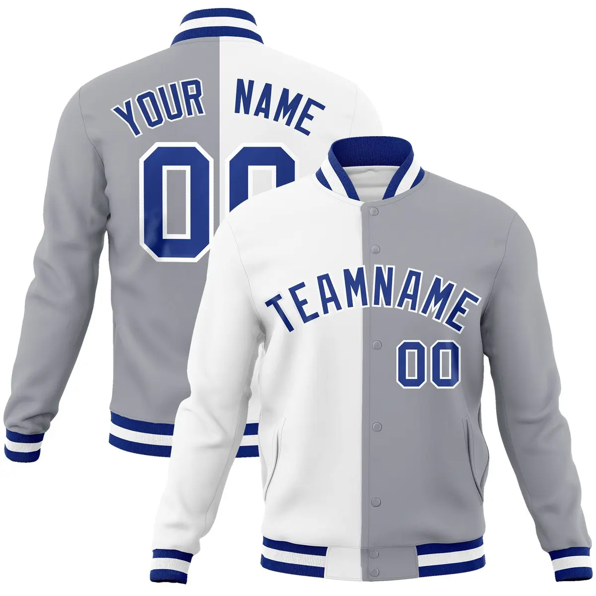 White Gray Royal Split Varsity Full-Snap Letterman Jacket