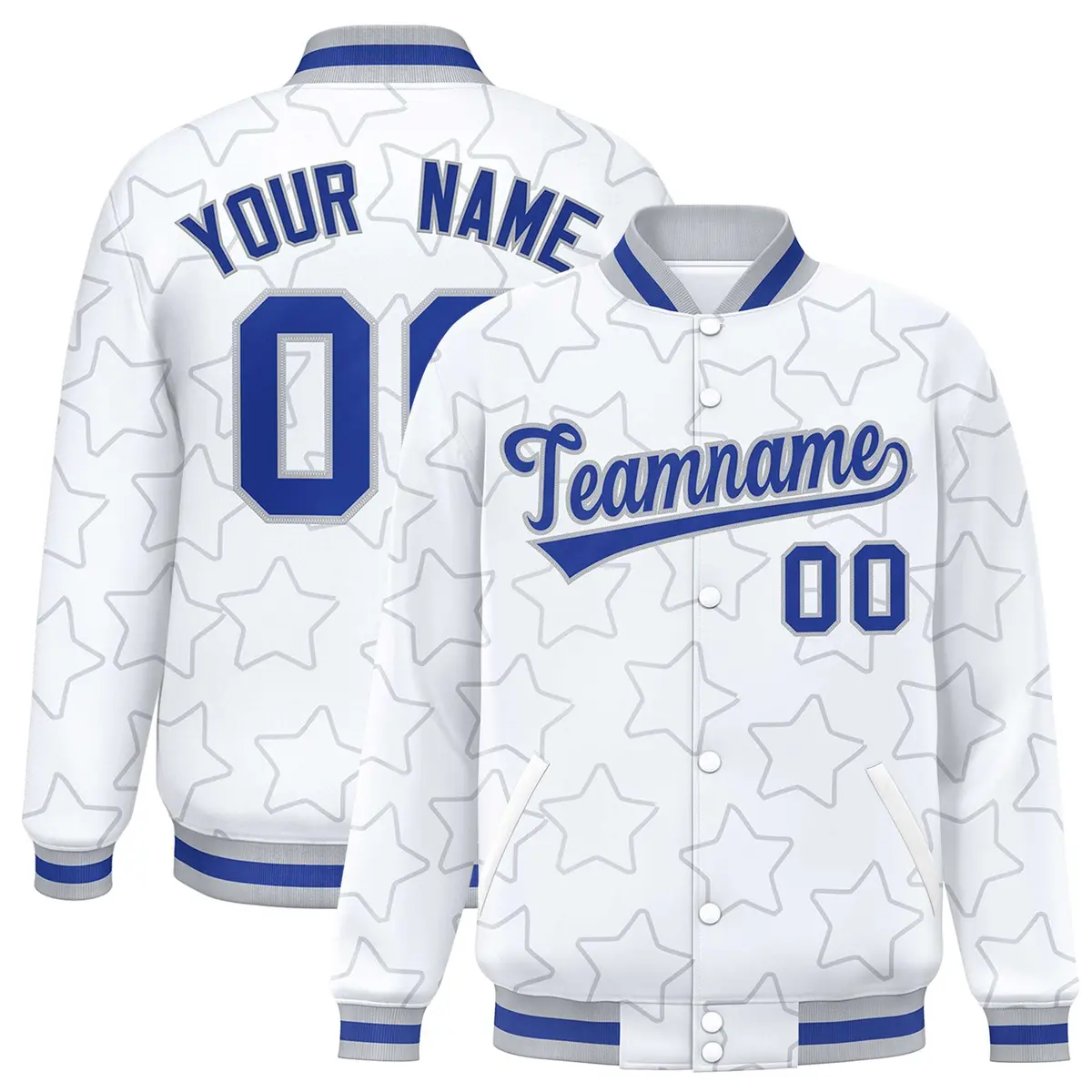 White Gray Star Pattern Varsity Full-Snap Letterman Baseball Jacket