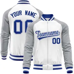 White Gray Varsity Full-Zip Raglan Letterman Baseball Jacket 1