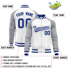 White Gray Varsity Full-Zip Raglan Letterman Baseball Jacket 4