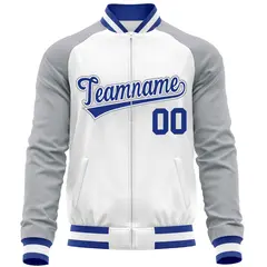 White Gray Varsity Full-Zip Raglan Letterman Baseball Jacket 5