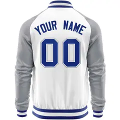 White Gray Varsity Full-Zip Raglan Letterman Baseball Jacket 6