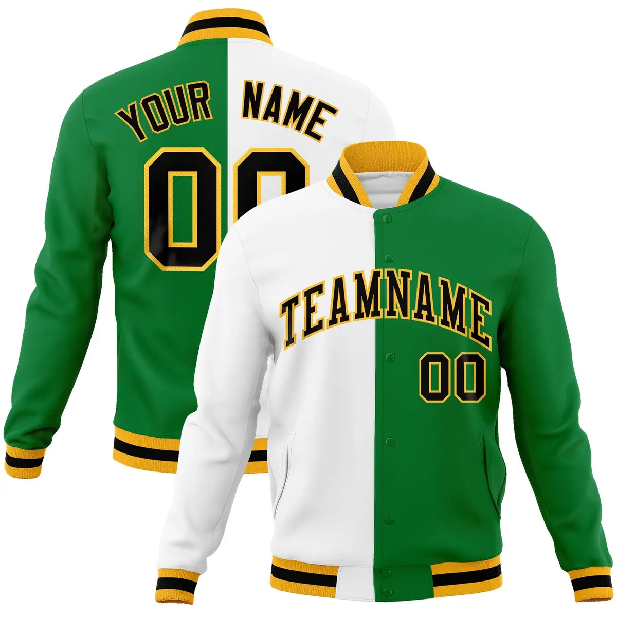 White Green-Black Two Tone Split Varsity Letterman Jacket