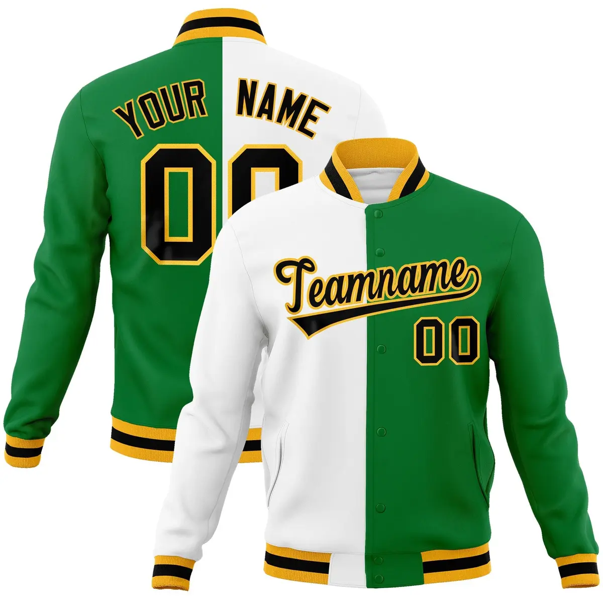 White Green-Black Two Tone Split Varsity Letterman Jacket