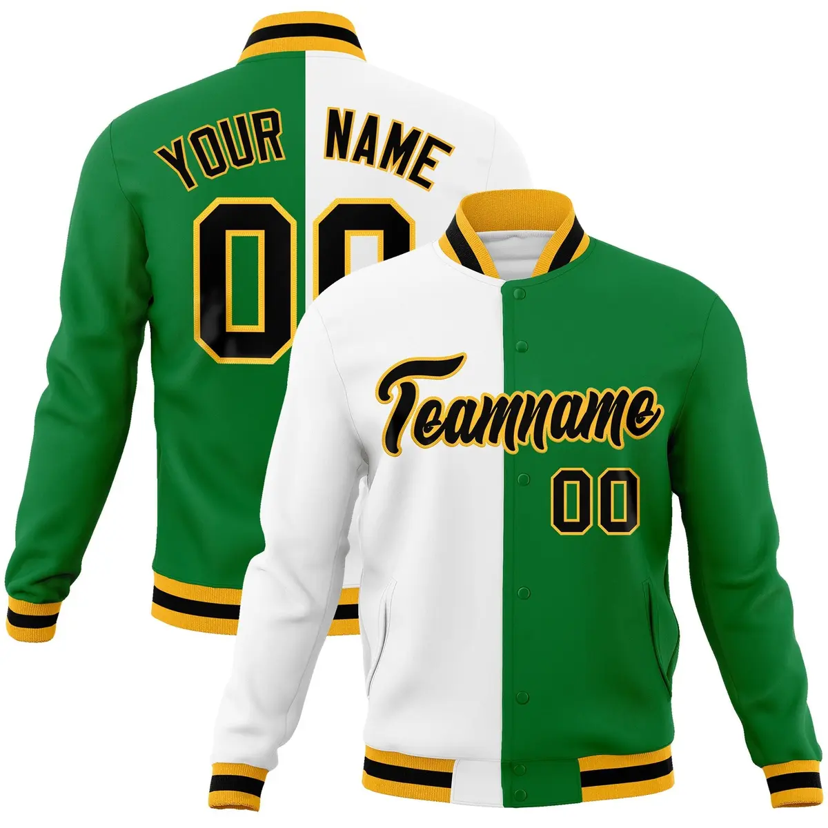 White Green-Black Two Tone Split Varsity Letterman Jacket
