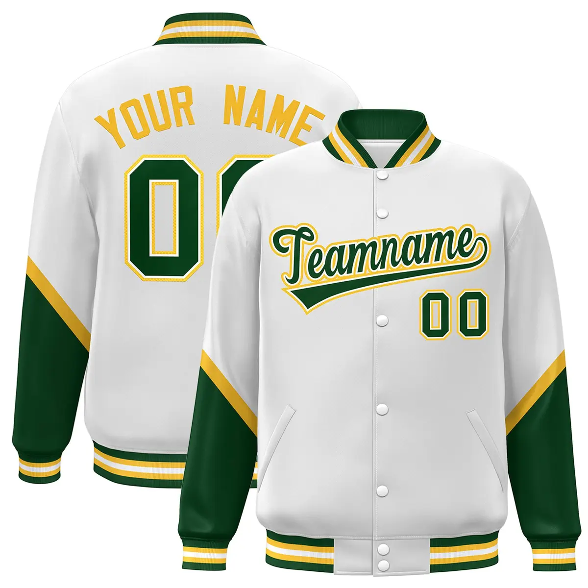 White Green Color Block Varsity Letterman Baseball Jacket