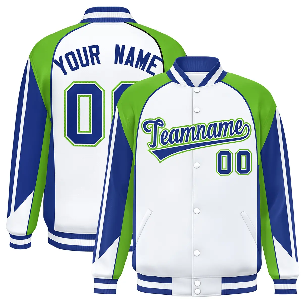 White Green Color Block Varsity Raglan Letterman Jacket