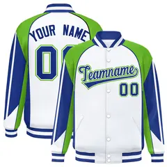 White Green Color Block Varsity Raglan Letterman Jacket