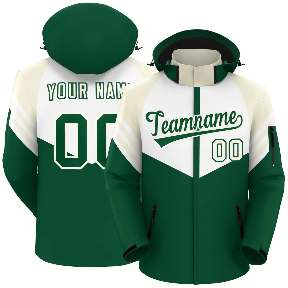 White Green-Cream Color Block Hooded Waterproof Jacket
