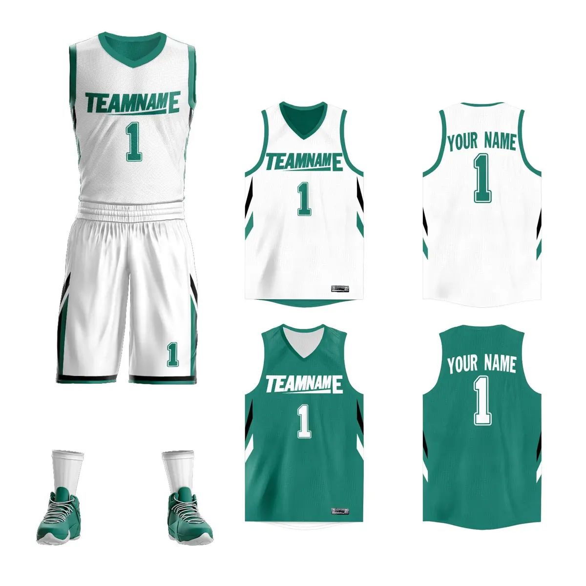 White Green Double Side Sets Design Basketball Jersey