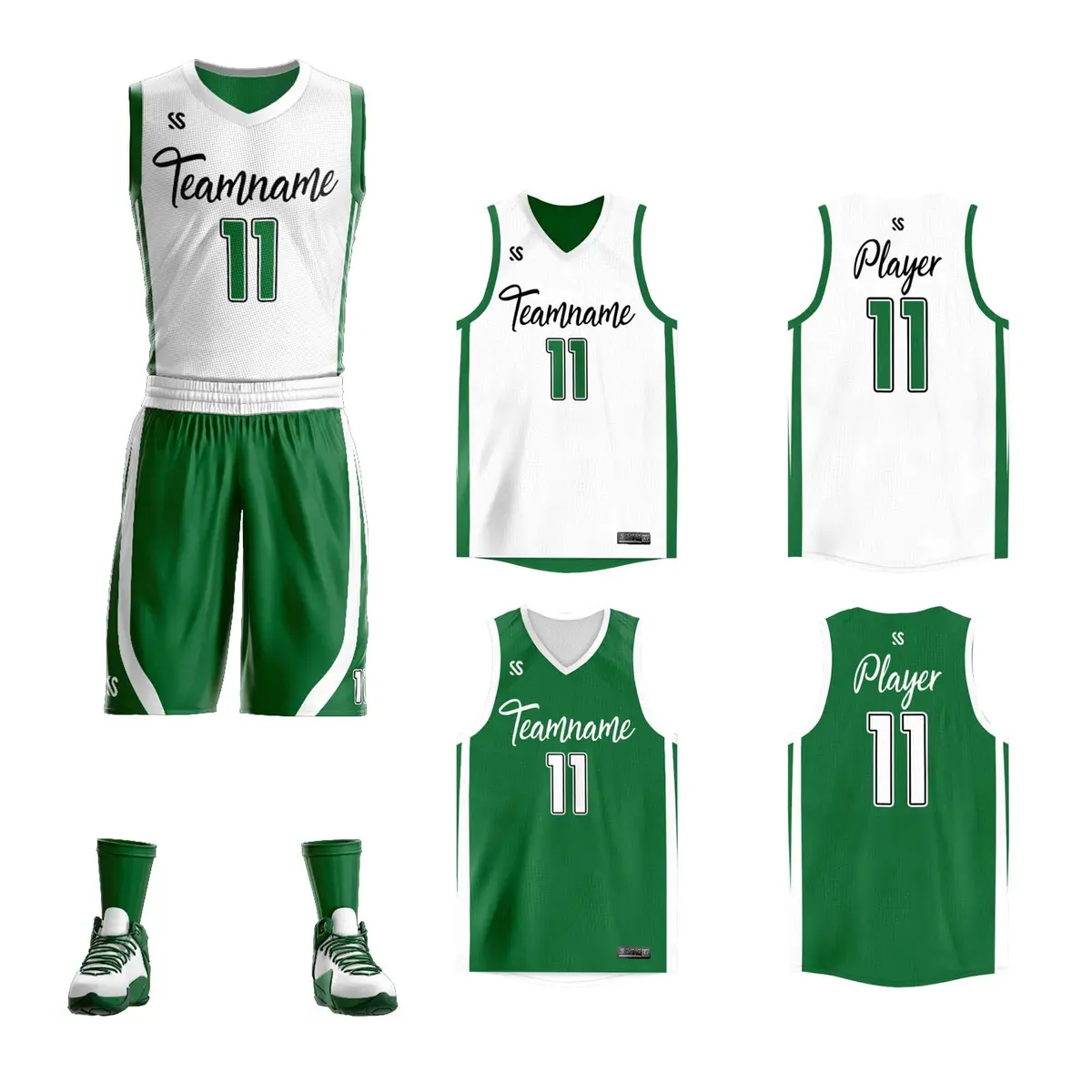 White Green Double Side Sets Design Basketball Jersey