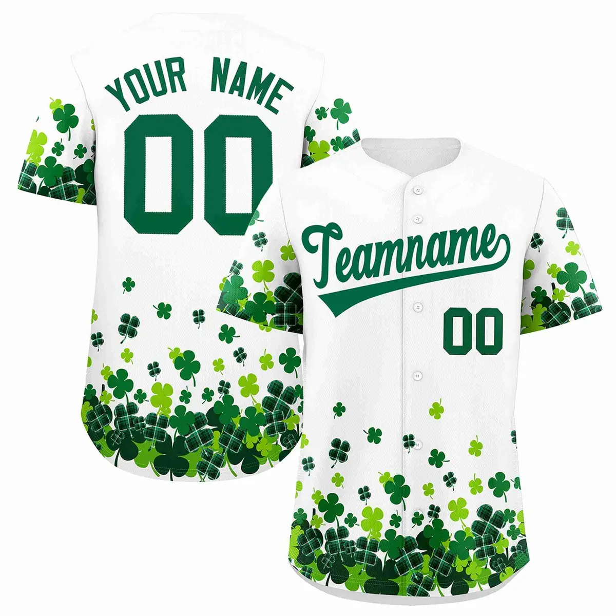 White Green Four Leaf Clover Pattern St. Patrick's Day Baseball Jersey