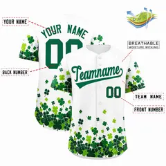 White Green Four Leaf Clover Pattern St. Patrick's Day Baseball Jersey 2