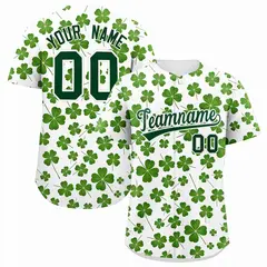 White Green Four Leaf Clover Pattern St. Patrick's Day Baseball Jersey