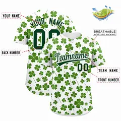 White Green Four Leaf Clover Pattern St. Patrick's Day Baseball Jersey 2