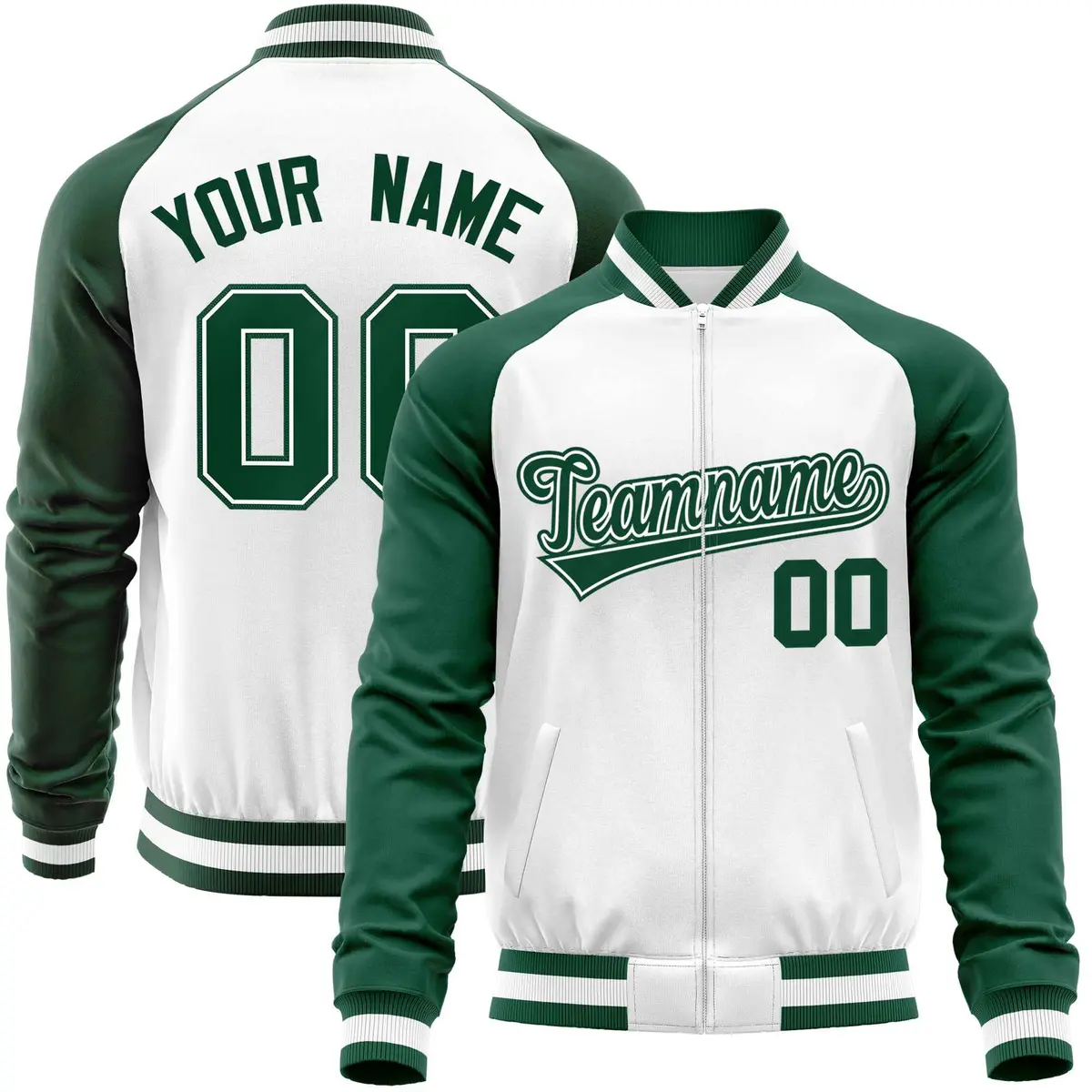 White Green Full-Zip Raglan Varsity Letterman Baseball Jacket