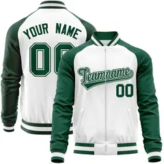 White Green Full-Zip Raglan Varsity Letterman Baseball Jacket