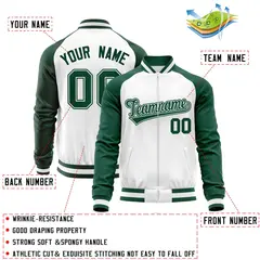 White Green Full-Zip Raglan Varsity Letterman Baseball Jacket 4