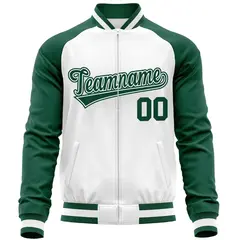 White Green Full-Zip Raglan Varsity Letterman Baseball Jacket 5