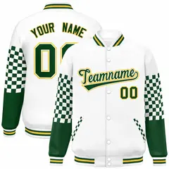 White Green-Gold Checkered Color Block Bomber Varsity Jacket