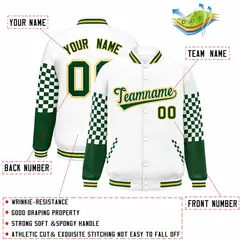 White Green-Gold Checkered Color Block Bomber Varsity Jacket 2