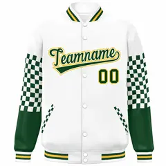 White Green-Gold Checkered Color Block Bomber Varsity Jacket 3