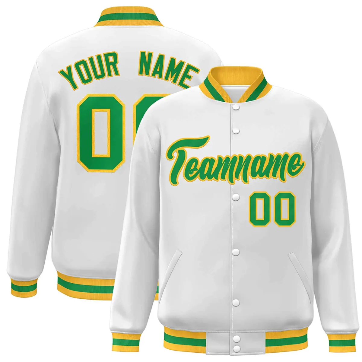 White Green-Gold Classic Varsity Full-Snap Letterman Jacket