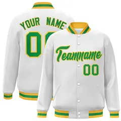 White Green-Gold Classic Varsity Full-Snap Letterman Jacket