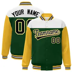 White Green-Gold Color Block Letterman Varsity Baseball Jacket