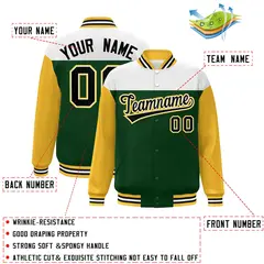 White Green-Gold Color Block Letterman Varsity Baseball Jacket 2
