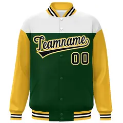 White Green-Gold Color Block Letterman Varsity Baseball Jacket 3