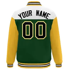 White Green-Gold Color Block Letterman Varsity Baseball Jacket 4