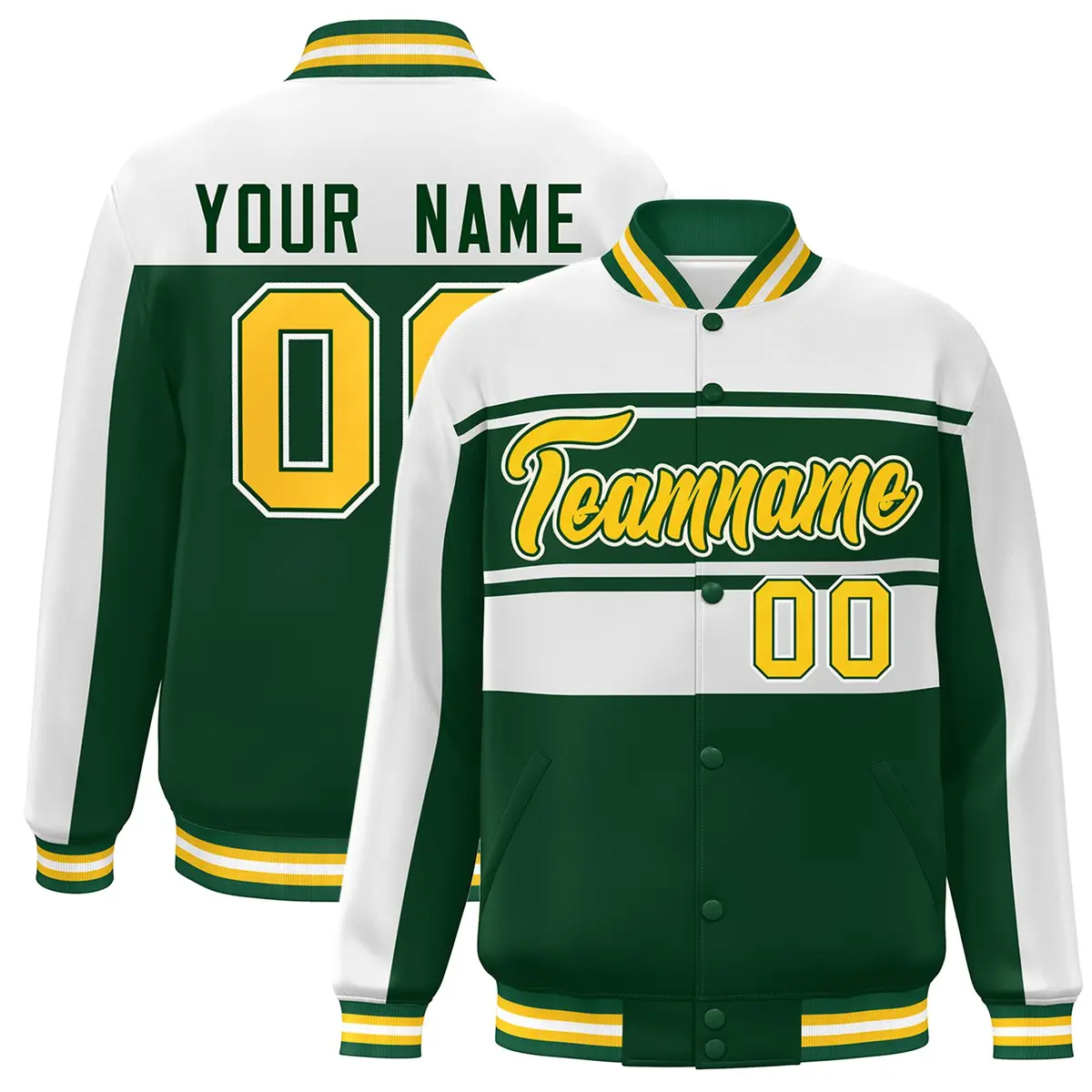 White Green-Gold Color Block Varsity Full-Snap Bomber Jacket