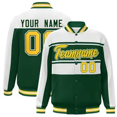 White Green-Gold Color Block Varsity Full-Snap Bomber Jacket