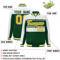 White Green-Gold Color Block Varsity Full-Snap Bomber Jacket 2