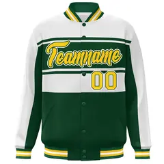 White Green-Gold Color Block Varsity Full-Snap Bomber Jacket 3
