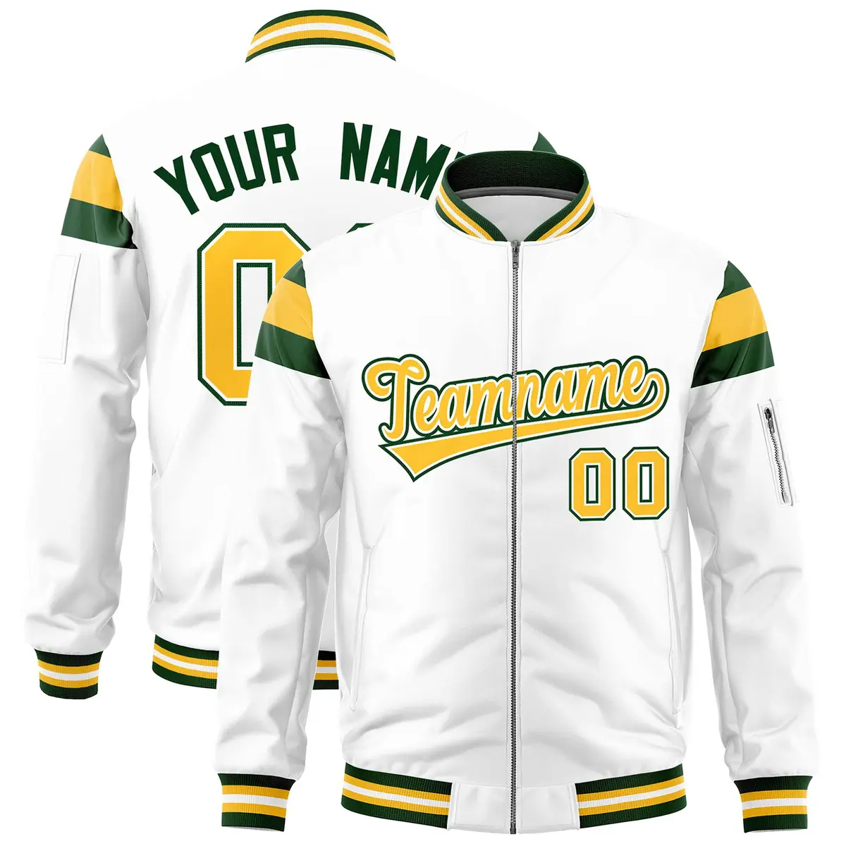 White Green-Gold Full-Zip Shoulder Color Block Varsity Letterman Bomber Jacket