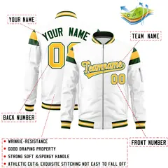 White Green-Gold Full-Zip Shoulder Color Block Varsity Letterman Bomber Jacket 2