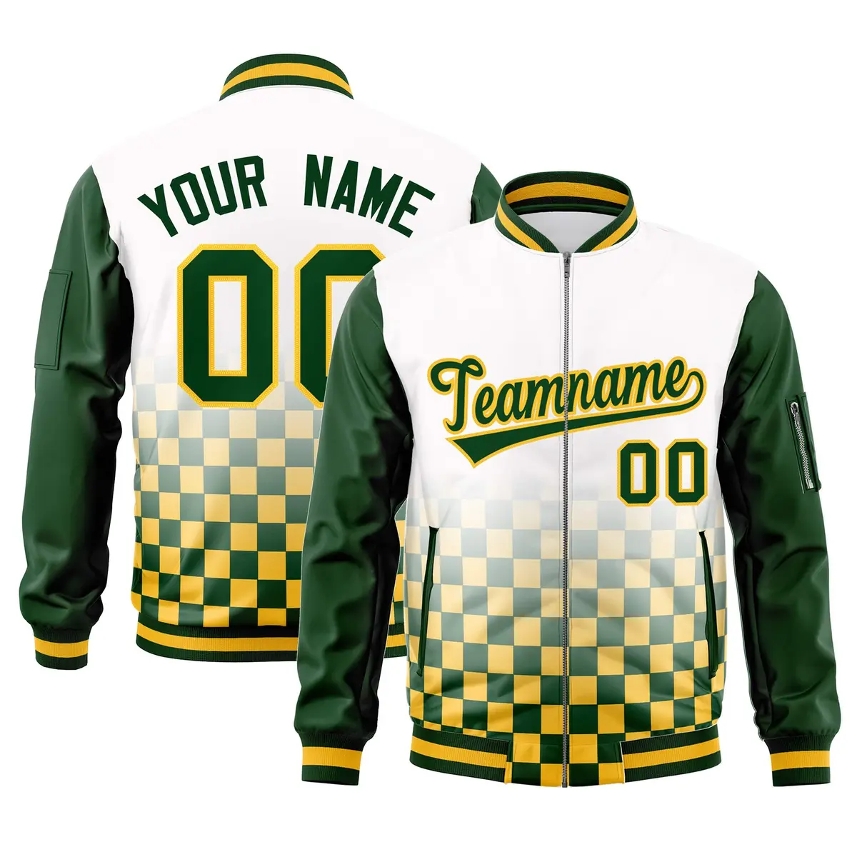 White Green-Gold Grid Color Block Letterman Raglan Jacket