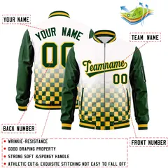 White Green-Gold Grid Color Block Letterman Raglan Jacket 2