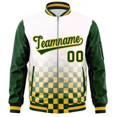 White Green-Gold Grid Color Block Letterman Raglan Jacket 3