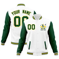 White Green Gold Raglan Sleeves Cotton Letterman Jacket