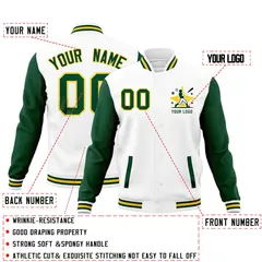 White Green Gold Raglan Sleeves Cotton Letterman Jacket 2