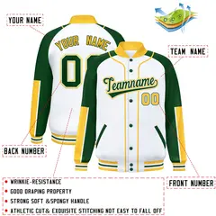 White Green-Gold Raglan Varsity Full-Snap Letterman Baseball Jacket 2
