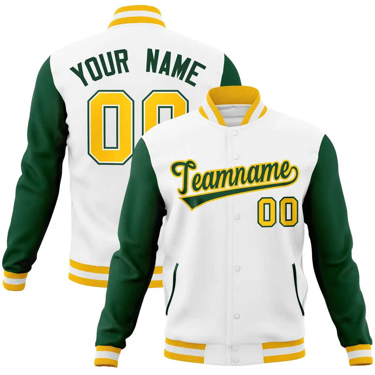 White Green-Gold Raglan Varsity Full-Snap Letterman Jacket