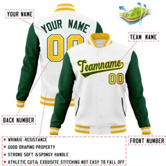 White Green-Gold Raglan Varsity Full-Snap Letterman Jacket 4