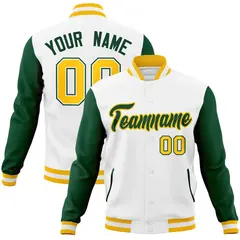 White Green-Gold Raglan Varsity Full-Snap Letterman Jacket 1