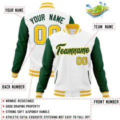 White Green-Gold Raglan Varsity Full-Snap Letterman Jacket 4
