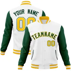 White Green-Gold Raglan Varsity Full-Snap Letterman Jacket 1